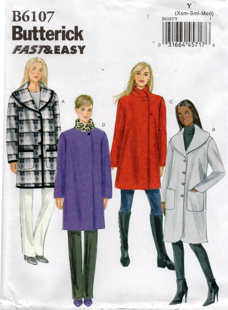 Butterick B6107 Womens EASY Wide Collar Coat Sewing Pattern Size XS