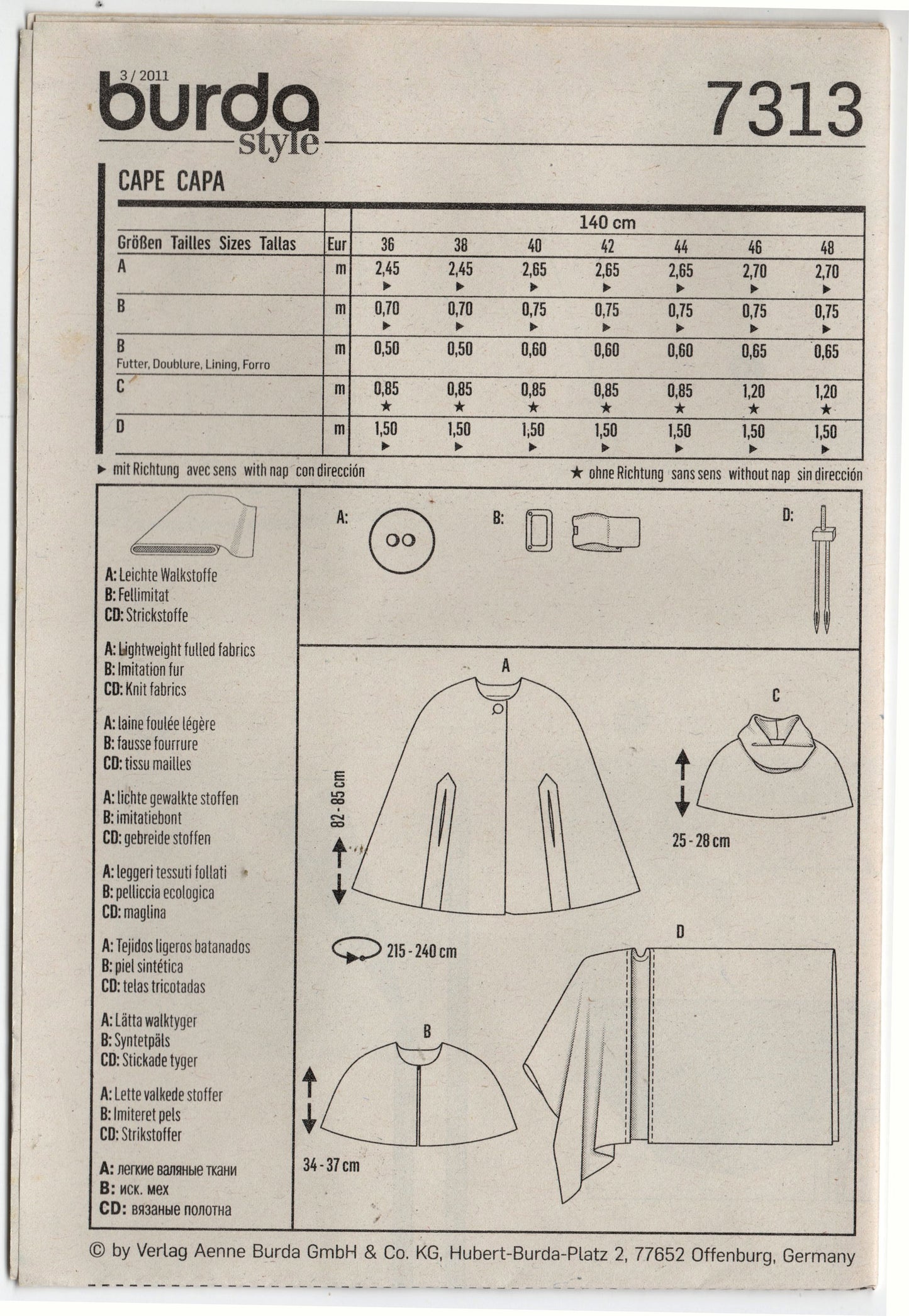 Patrón de costura para chal, capa y bolero para mujer Burda Young 7313, tallas 10 a 22, sin cortar, doblado de fábrica