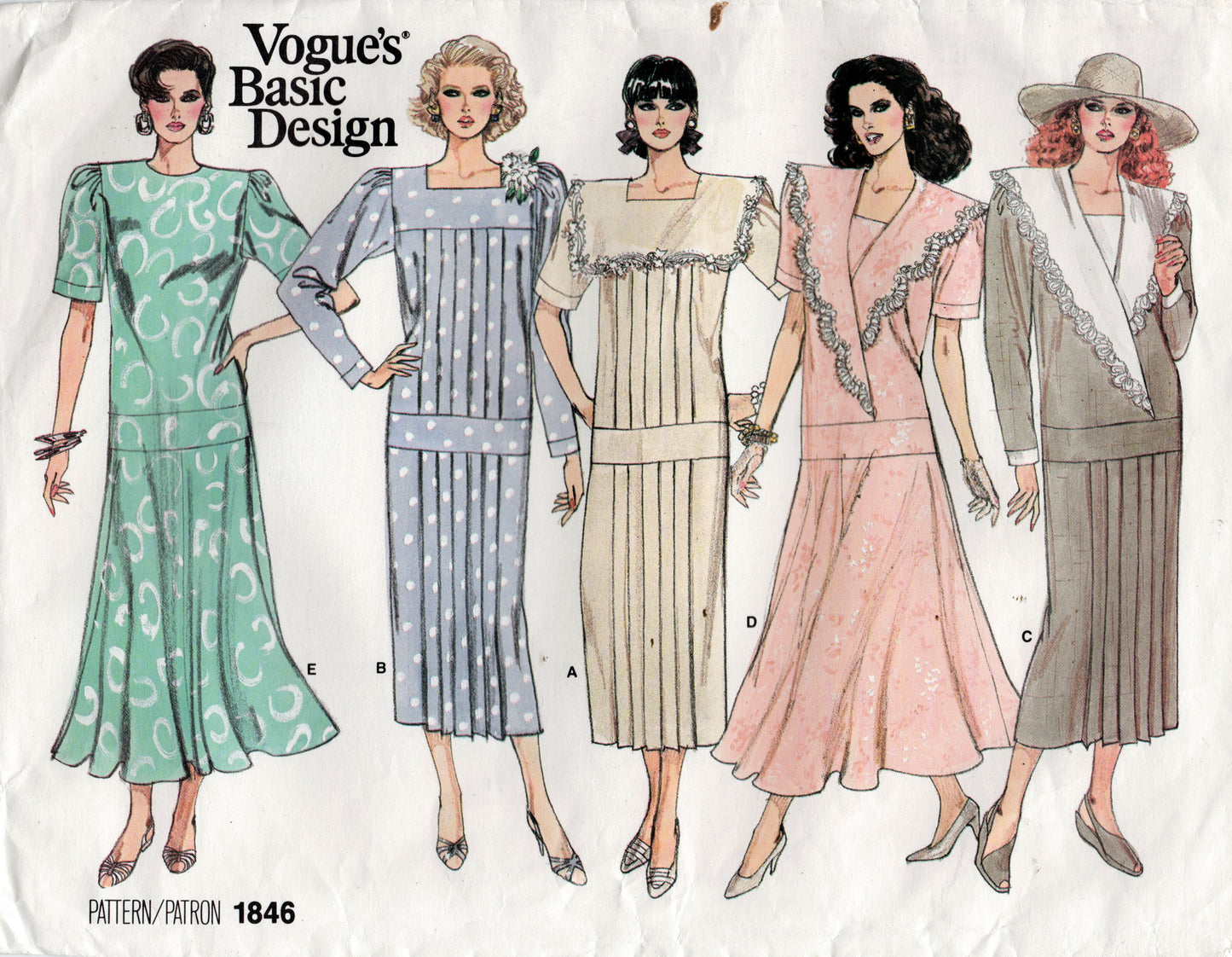 Vogue Basic Design 1846 Womens Straight Dropped Waist Dresses 1980s Vintage Sewing Pattern Size 8