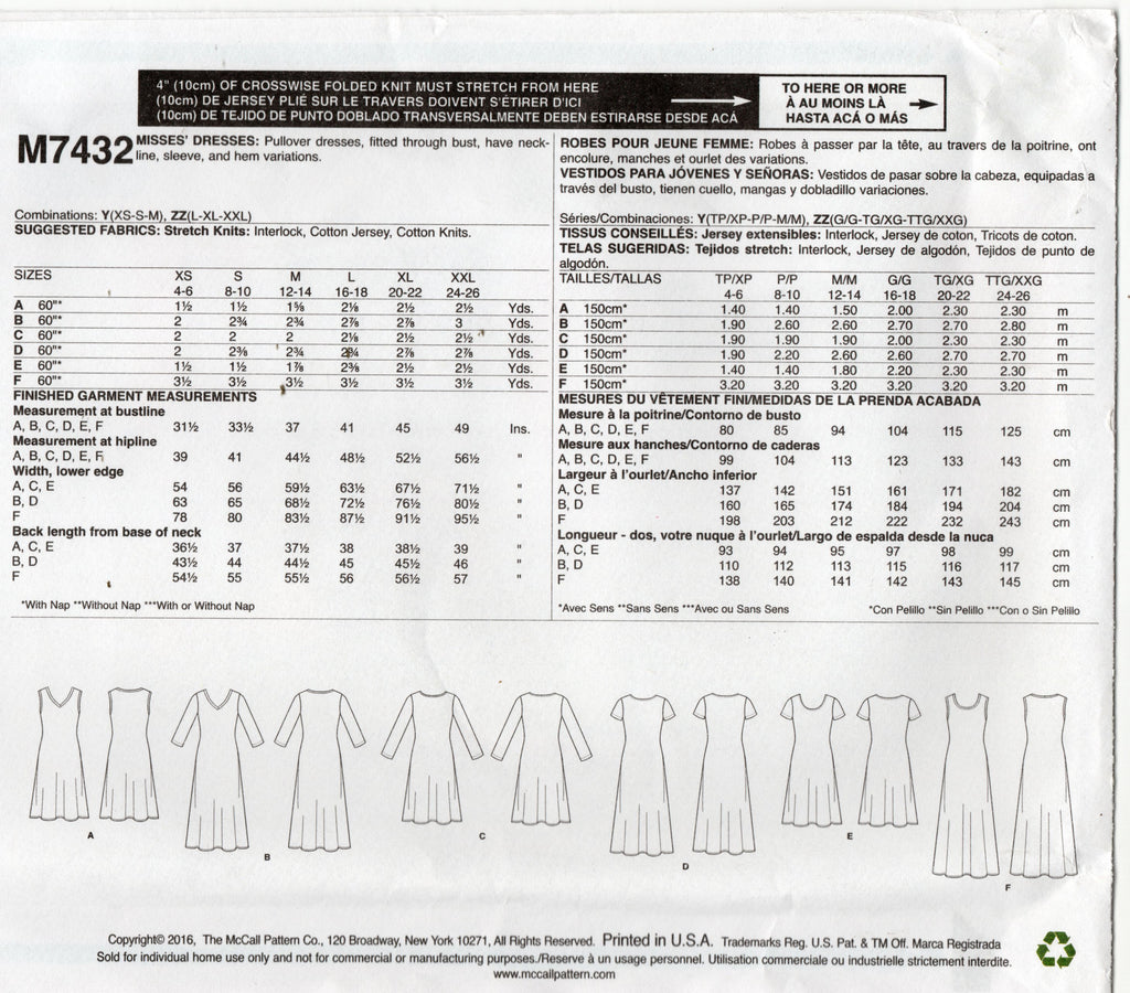 Uncut McCalls sewing pattern 11025 7405, Misses' Dresses and Belt size  XS-S-M L-XL-xxL FF