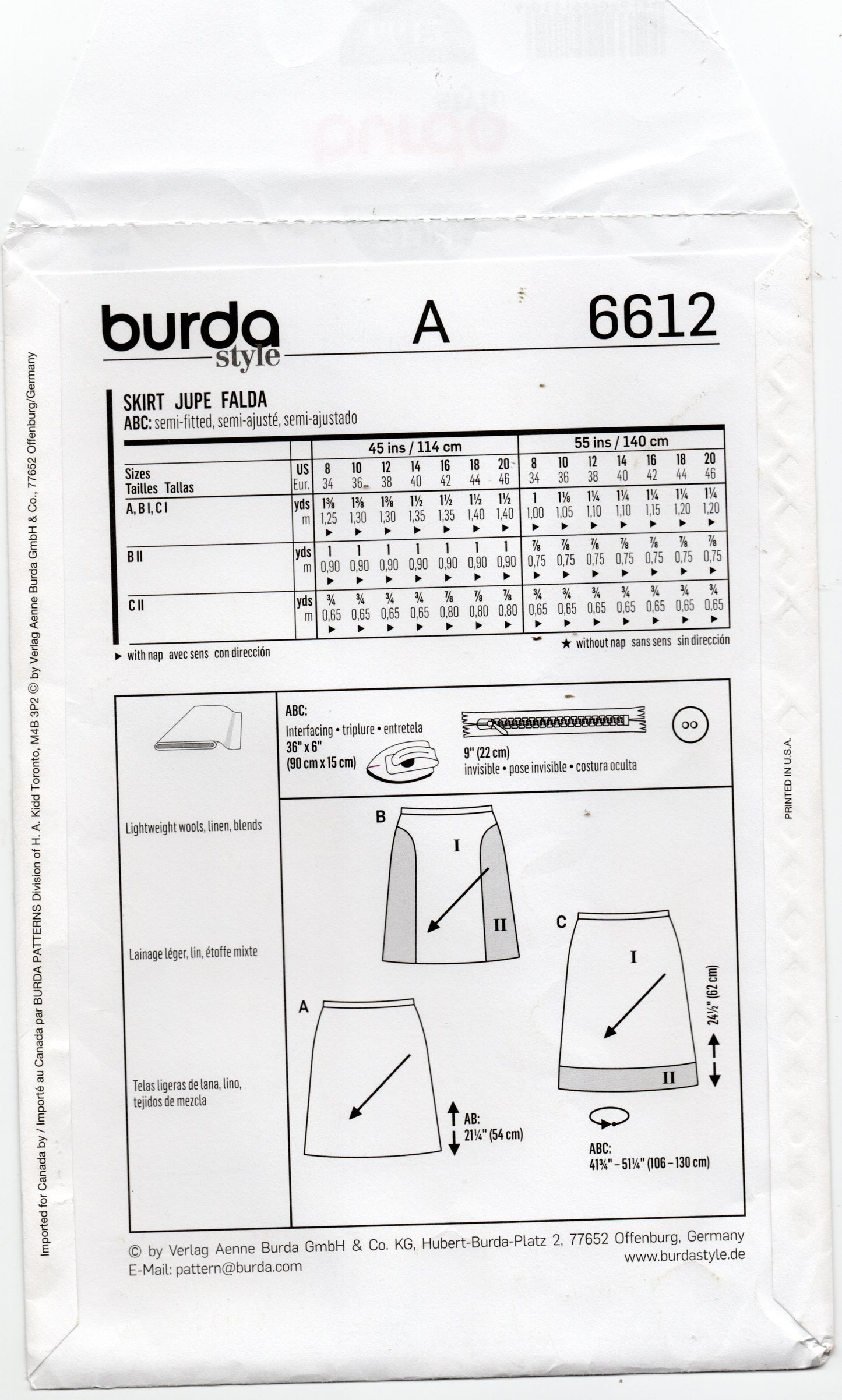 Patrón de costura Burda Style 6612 para faldas con corte al bies y estampado en contraste para mujer, tallas 8 a 20, doblado de fábrica y sin cortar