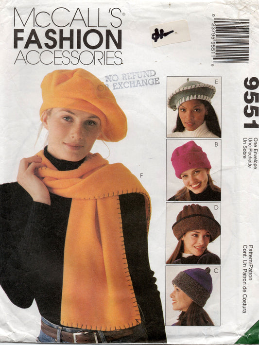 McCall's 9551 Womens Fleece Hats Scarf Grocery Bag & Roll Up Blanket 1990s Vintage Sewing Pattern ONE SIZE