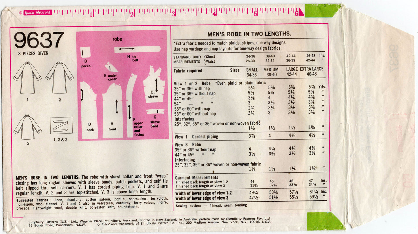Simplicity 9637 Mens Kimono Style Wrap Robe 1970s Vintage Sewing Pattern Size MEDIUM Chest 38 - 40 inches
