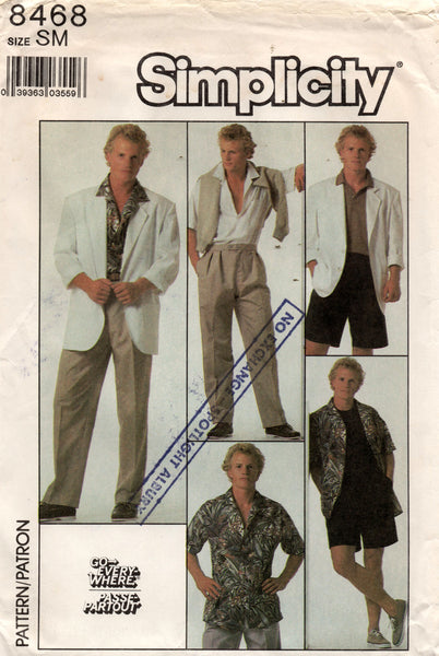 Simplicity 8468 Mens or Teen Boys Shirt Pants Shorts & Jacket 1980s Vintage Sewing Pattern Size SM Chest 34 - 36 Inches UNCUT Factory Folded