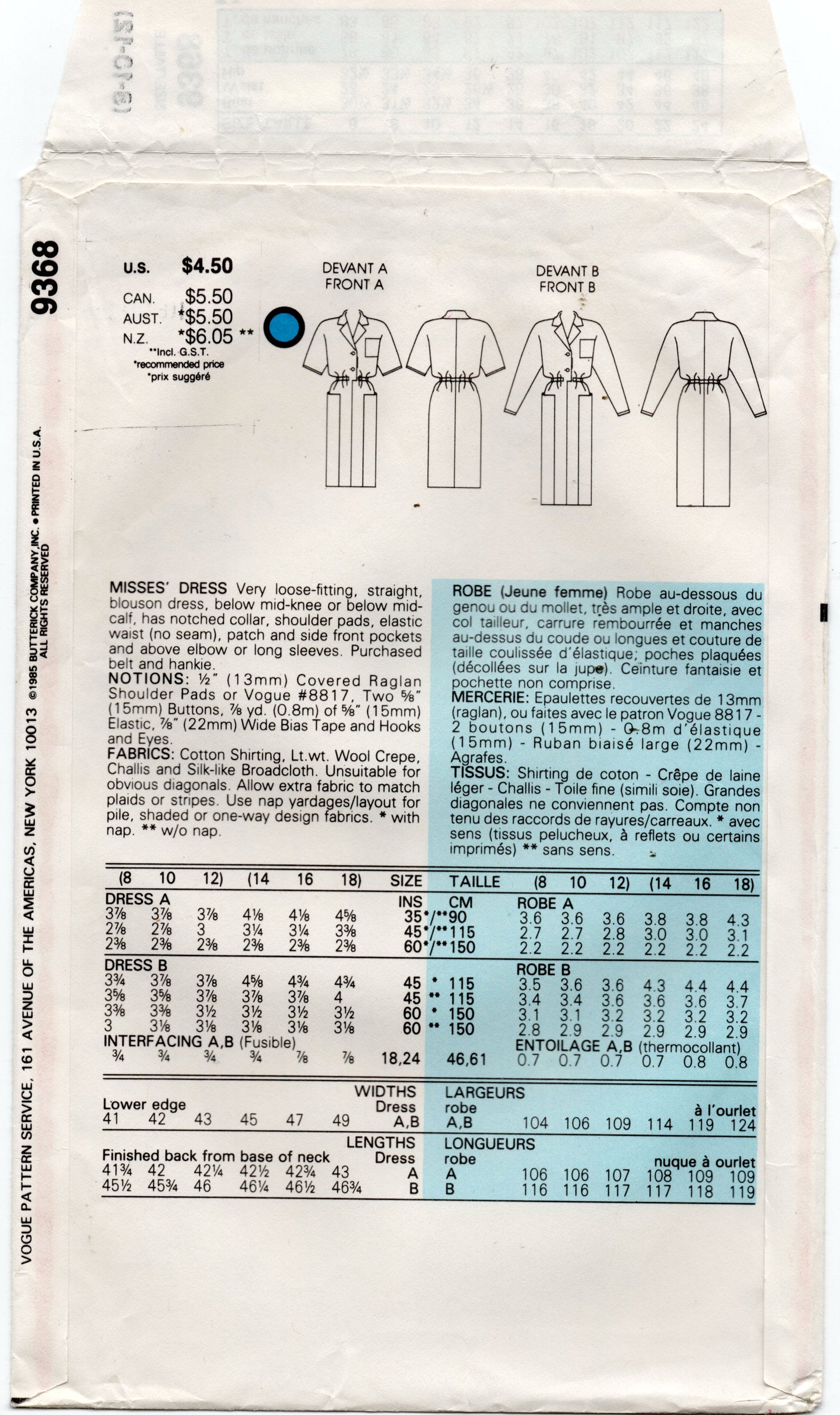 Very Easy Vogue 9368 Womens Dolman Sleeve Shirtdress 1980s Vintage Sewing Pattern Size 8 & 10