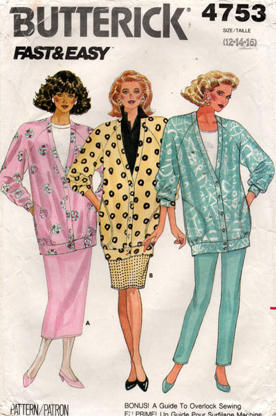 Butterick 4753 Womens Stretch Long Cardigan Skirt & Pants 1980s Vintage Sewing Pattern Size 12 & 14
