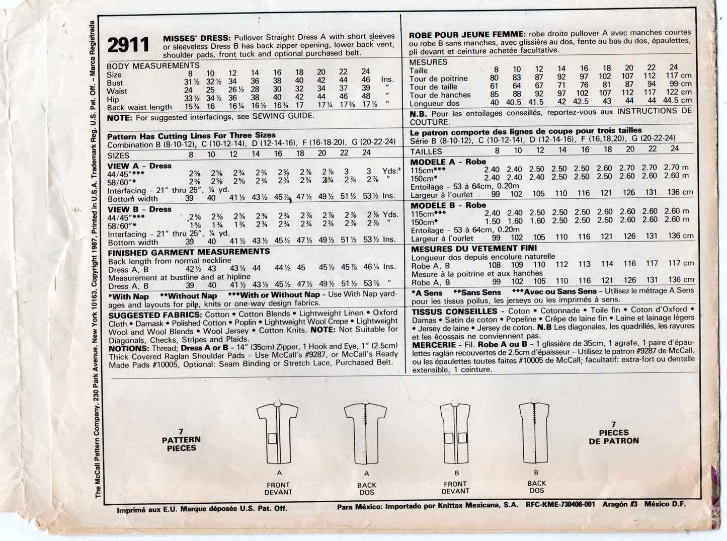 McCall's 2911 Womens EASY Straight Dress 1980s Vintage Sewing Pattern Size 12 - 16