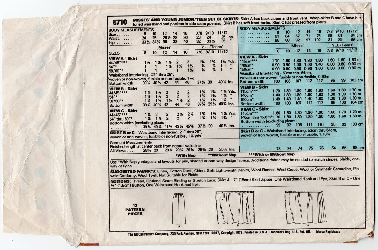 McCall's 6710 Womens Skirts with Pleats or Wrap Skirt 1970s Vintage Sewing Pattern Size 12 UNCUT Factory Folded