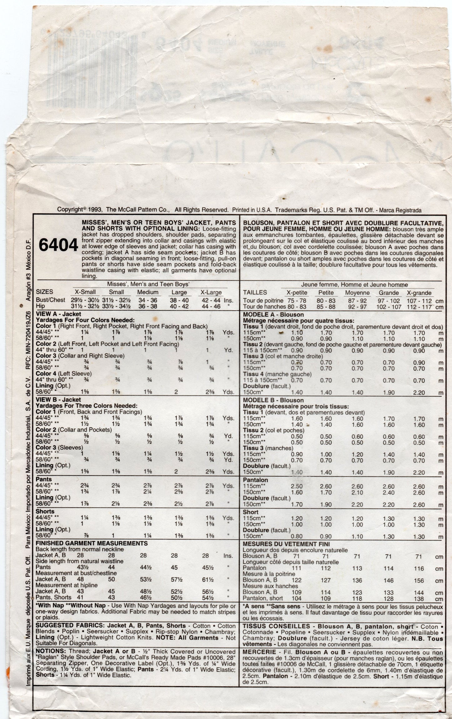 McCall's 6404 Mens / Womens UNISEX Winter Zip Front Tracksuit Jacket Pants & Shorts 1990s Sewing Pattern Bust/Chest 34 & 36 inches