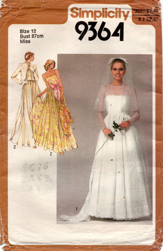 Simplicity 9364 Womens Wedding Bridesmaids Dress & Bolero 1980s Vintage Sewing Pattern Size 12 Bust 34 inches