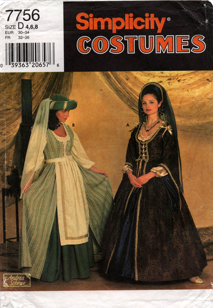 Simplicity 7756 Womens Renissance Royalty Costume 1990s Sewing Pattern Size 4 - 8 UNCUT Factory Folded