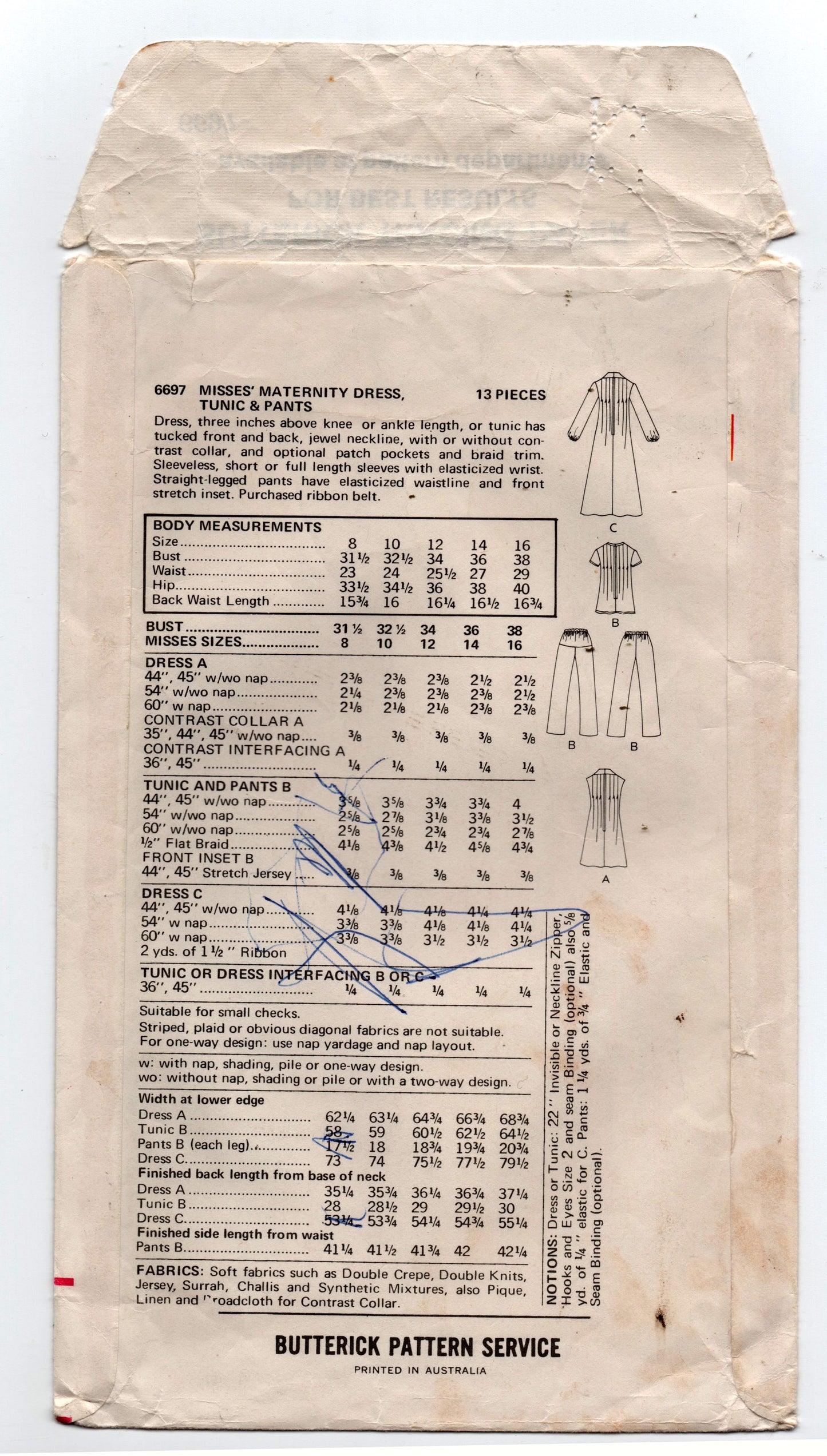 Butterick 6697 Womens Maternity Dress Tunic Top & Pants 1970s Vintage Sewing Pattern Size 14 Bust 36 inches