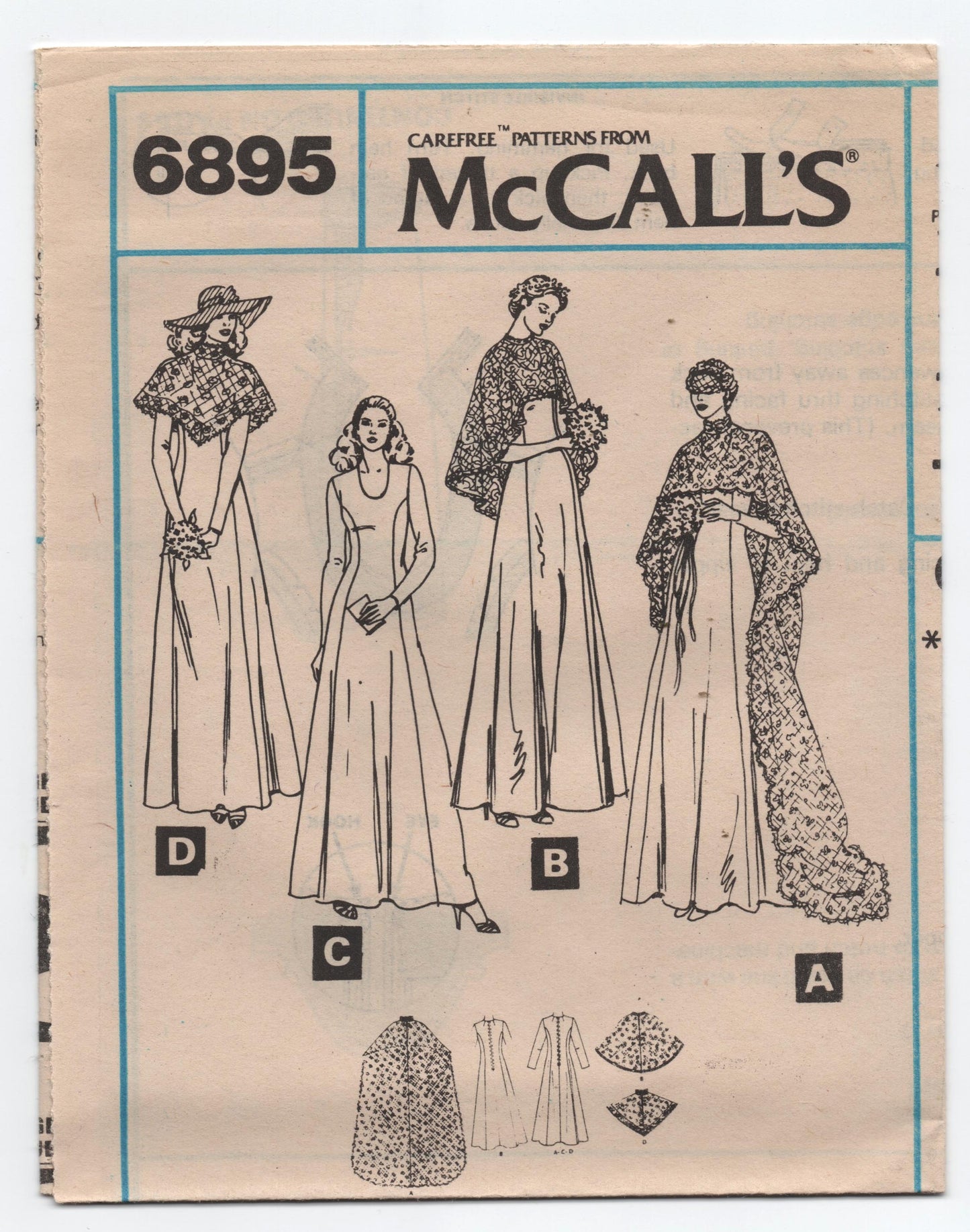 McCall's 6895 Womens Bridal & Bridesmaids Gown & Cape 1970s Vintage Sewing Pattern Size 12 Bust 34 inches UNCUT Factory Folded