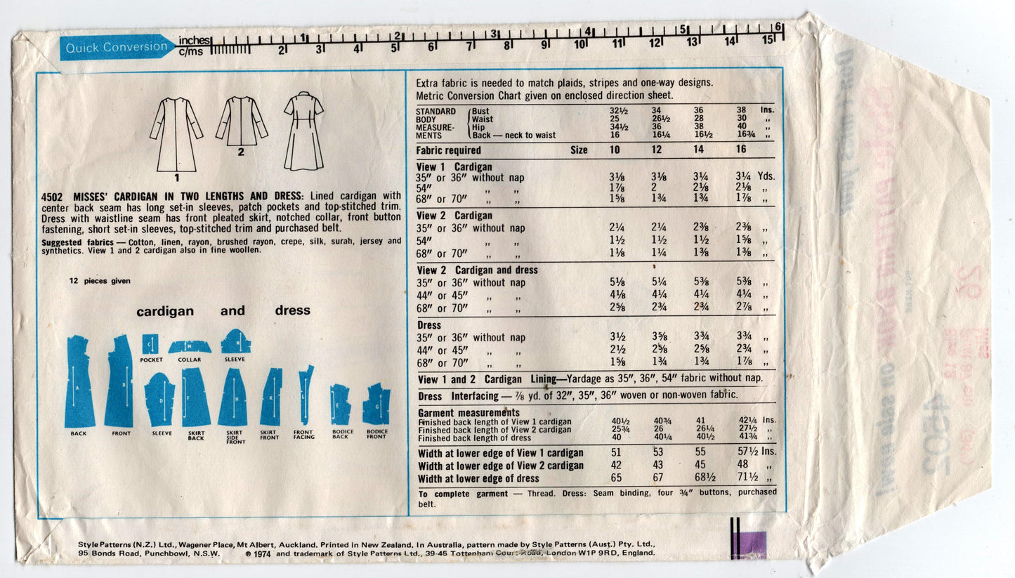 Style 4502 Womens Shirtdress & Cardigan Jacket 1970s Vintage Sewing Pattern Size 12 Bust 34 inches