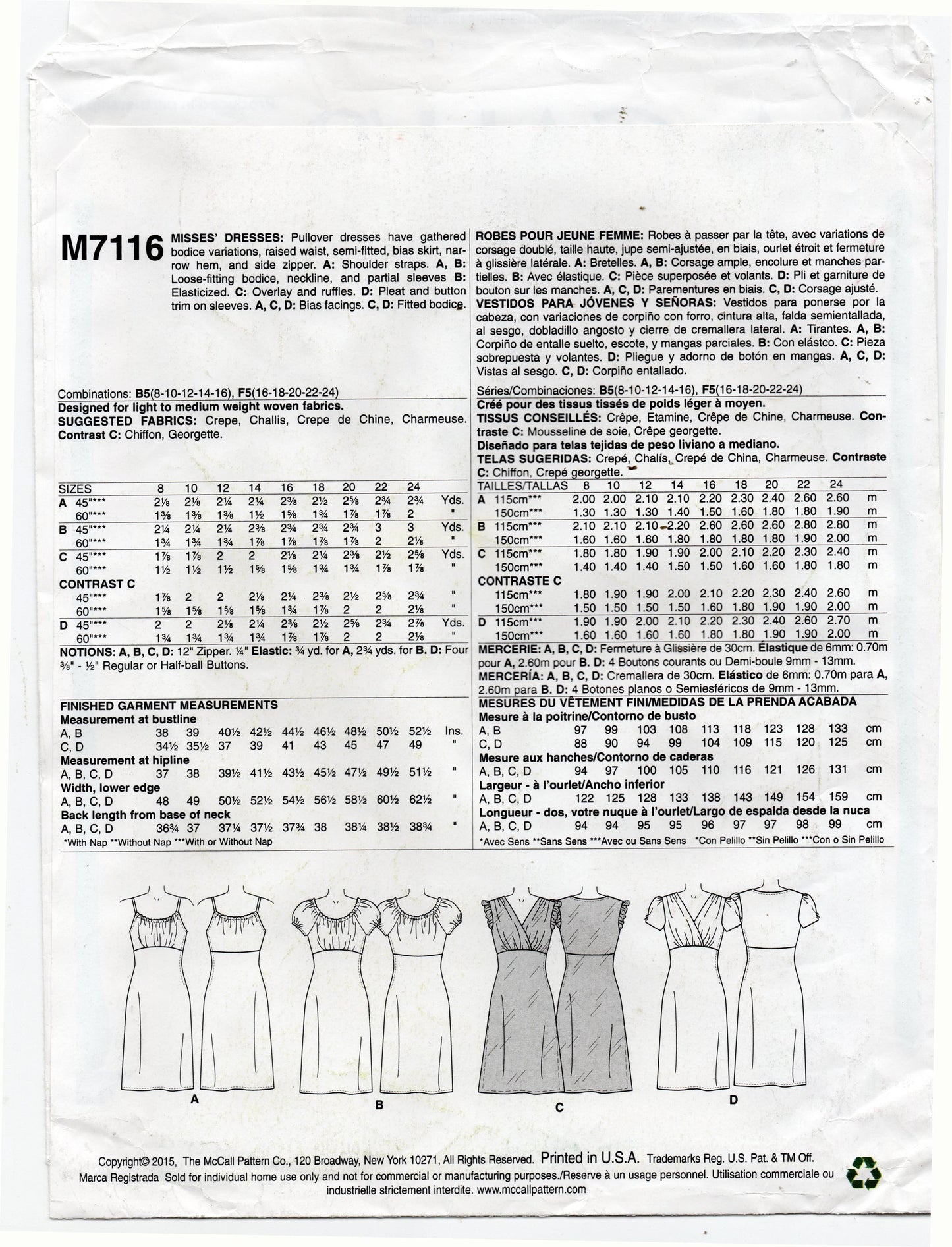 Patrón de costura de vestidos de cintura alta McCall's M7116 para mujer, sin cortar, doblado de fábrica, talla 8-24