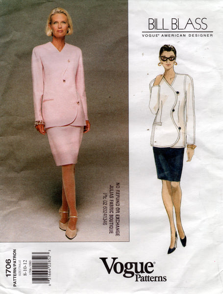 Vogue American Designer 1706 BILL BLASS Womens Curved Front Jacket & Skirt 1990s Vintage Sewing Pattern Size 8 - 12 UNCUT Factory Folded