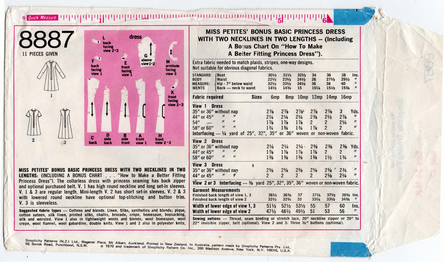 Simplicity 8887 Misses Petite Princess Dress with 2 Necklines & Fitting Instructions 1970s Vintage Sewing Pattern Size 14 MP Bust 36 inches