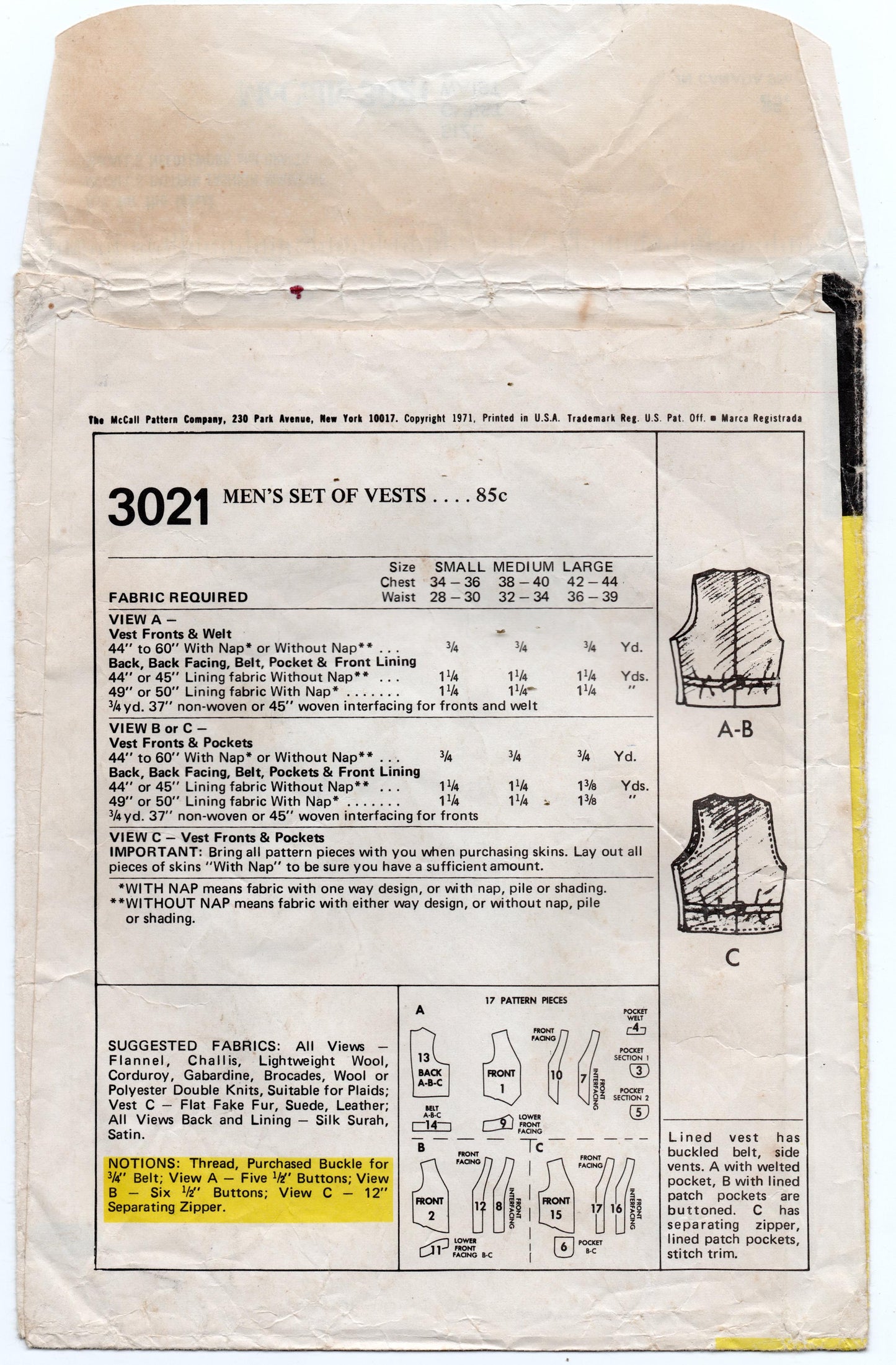 McCall's 3021 Mens Retro Lined Vests 1970s Vintage Sewing Pattern Size MEDIUM Chest 38 - 40 inches