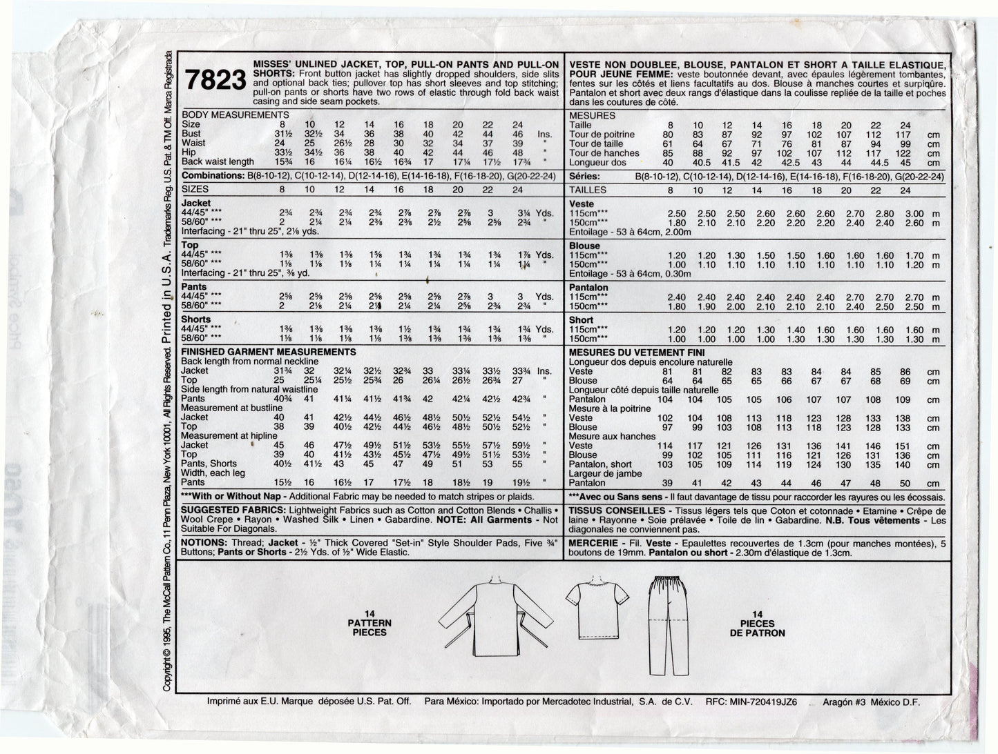 McCall's 7823 Womens EASY Jacket Top Pants & Shorts 1990s Vintage Sewing Pattern Size 8 - 12 UNCUT Factory Folded