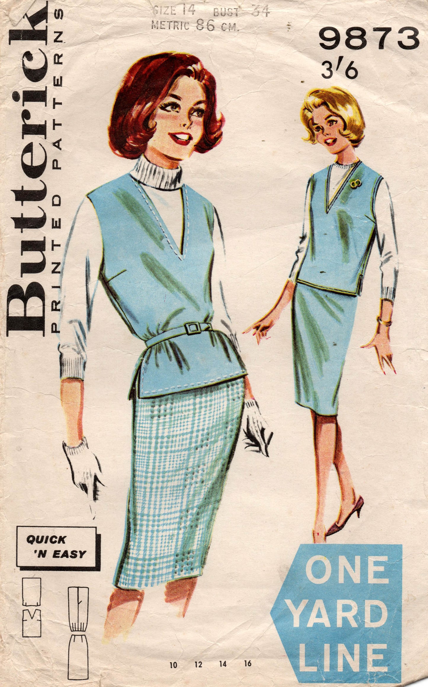 Butterick 9873 Womens EASY One Yard Overblouse & Skirt 1960s Vintage Sewing Pattern Bust 32 or 34 inches