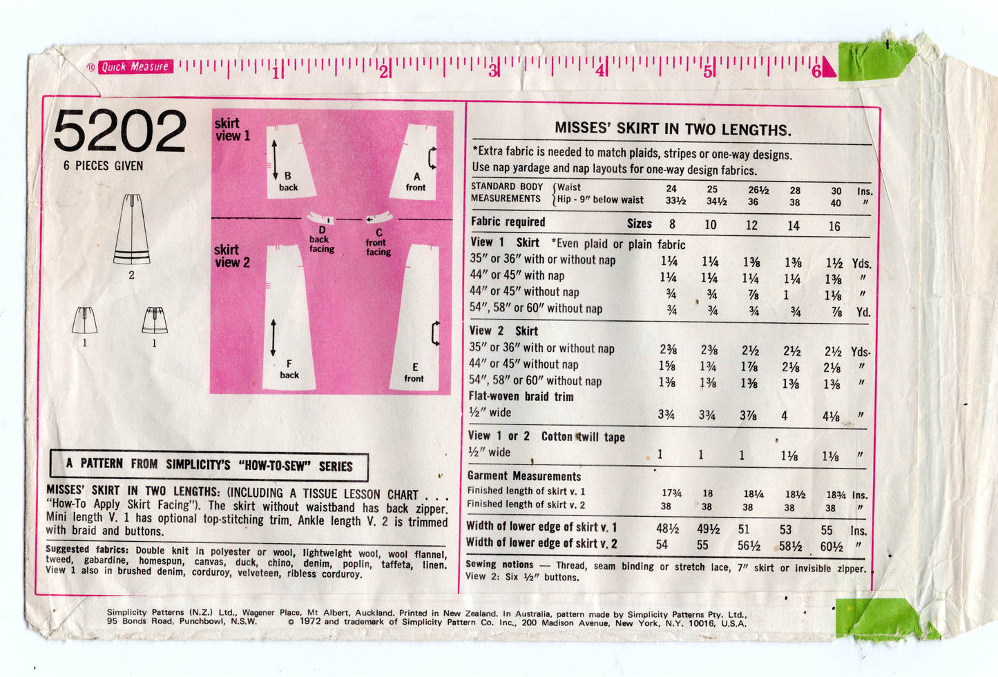 Simplicity 5202 Womens Mini & Nautical Maxi Skirts 1970s Vintage Sewing Pattern Size 12 UNCUT Factory Folded