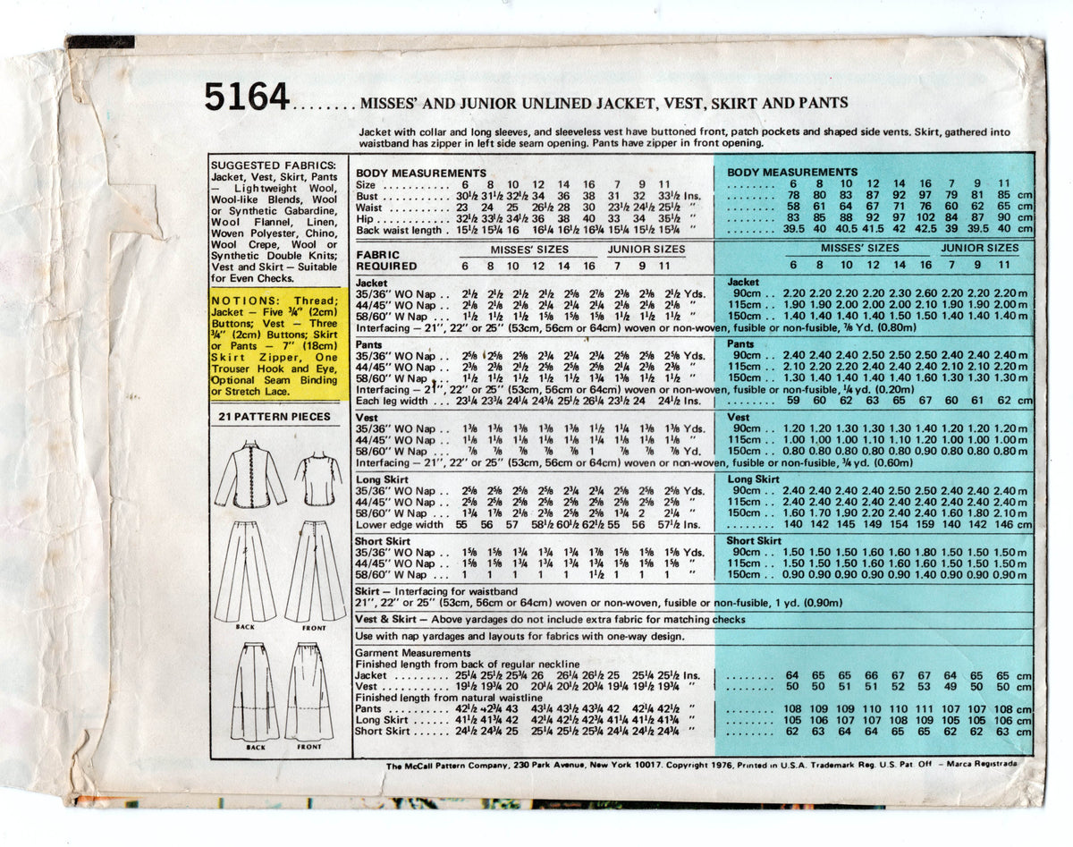Paper Mccall Patterns McCall's 5164 Marlo's Corner Womens Jacket Vest Skirt & Pants 1970s ...