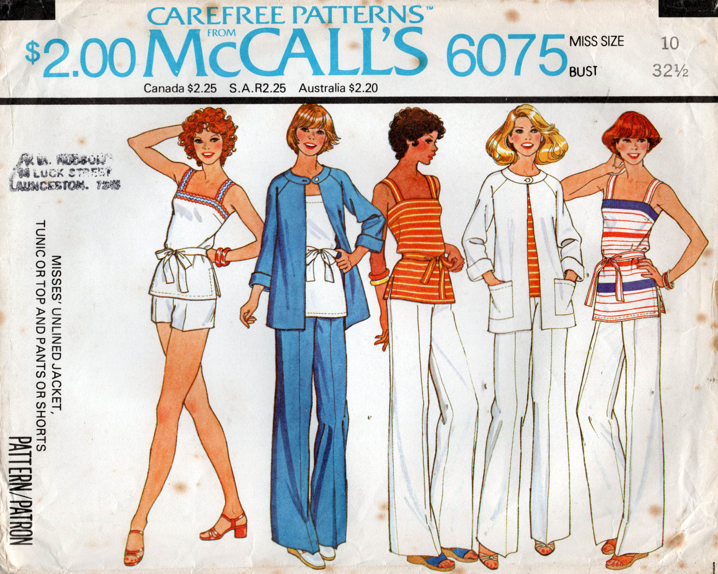 McCall's 6075 Womens Jacket Top Tunic Shorts & Pants 1970s Vintage Sewing Pattern Size 10 UNCUT Factory Folded