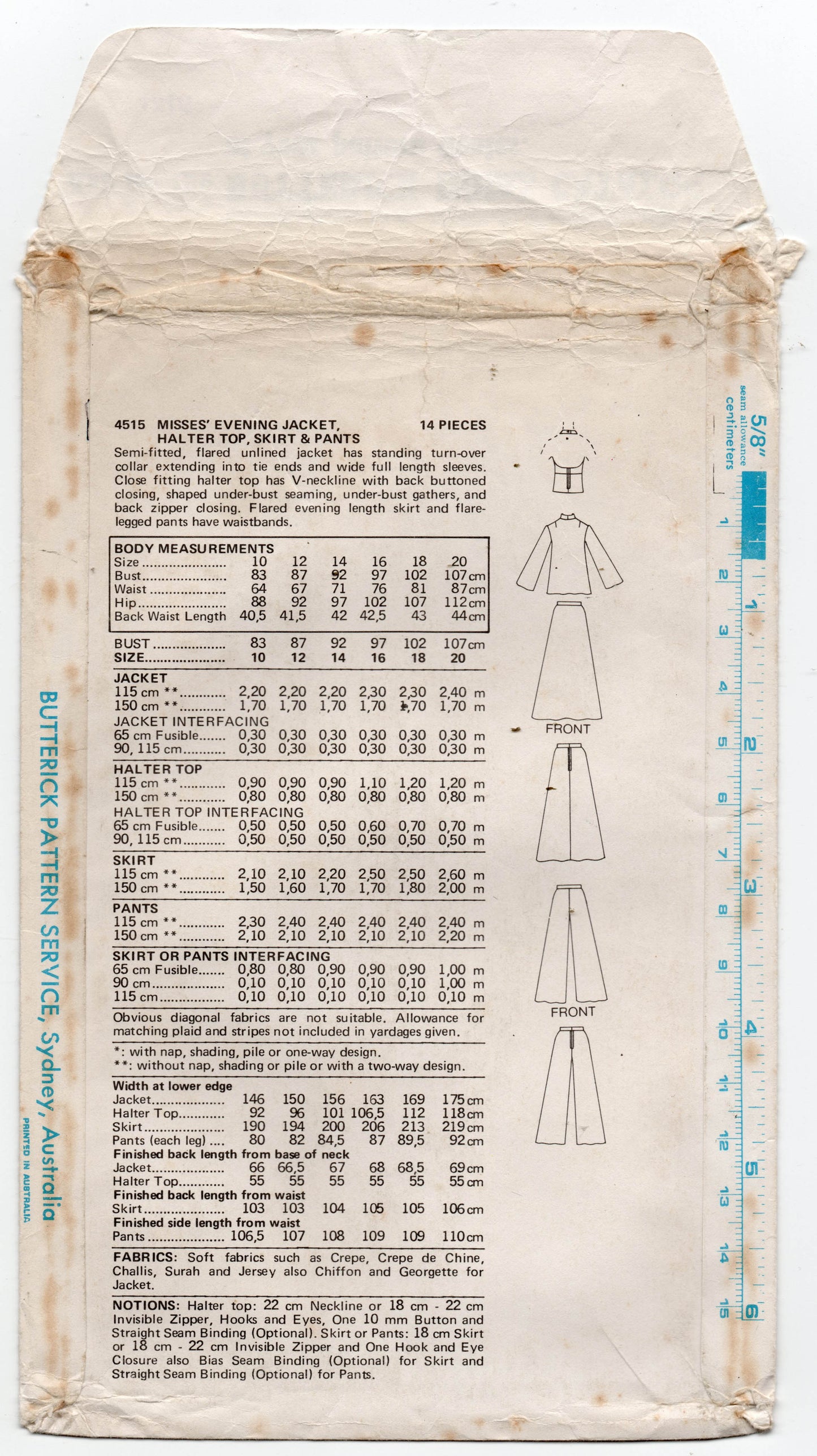 Butterick 4515 Womens Evening Jacket Halter Top Pants & Maxi Skirt 1970s Vintage Sewing Pattern Size 10