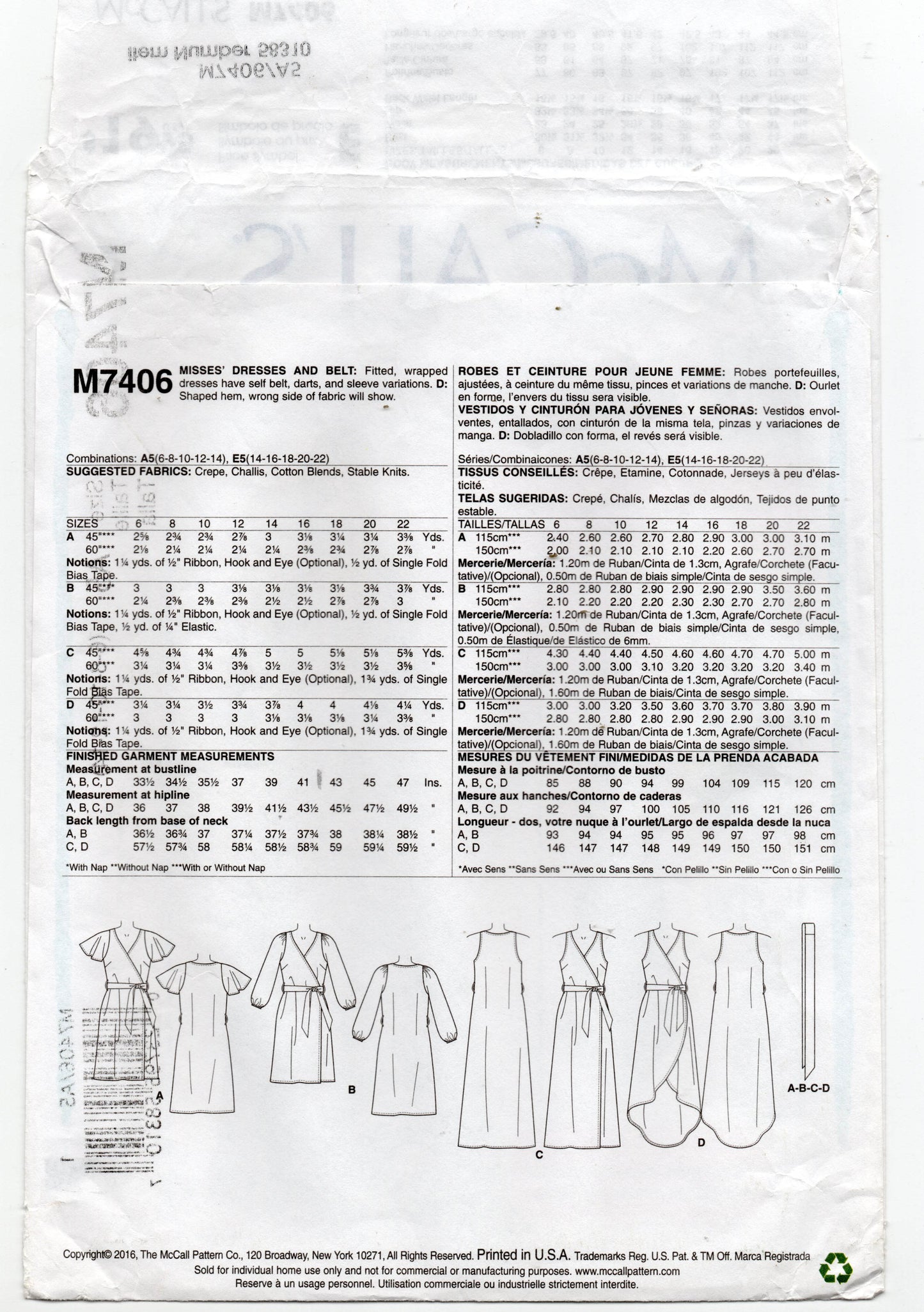 McCall's 7406 Womens EASY Wrap Dress Out Of Print Sewing Pattern Sizes 6 - 14 UNCUT Factory Folded