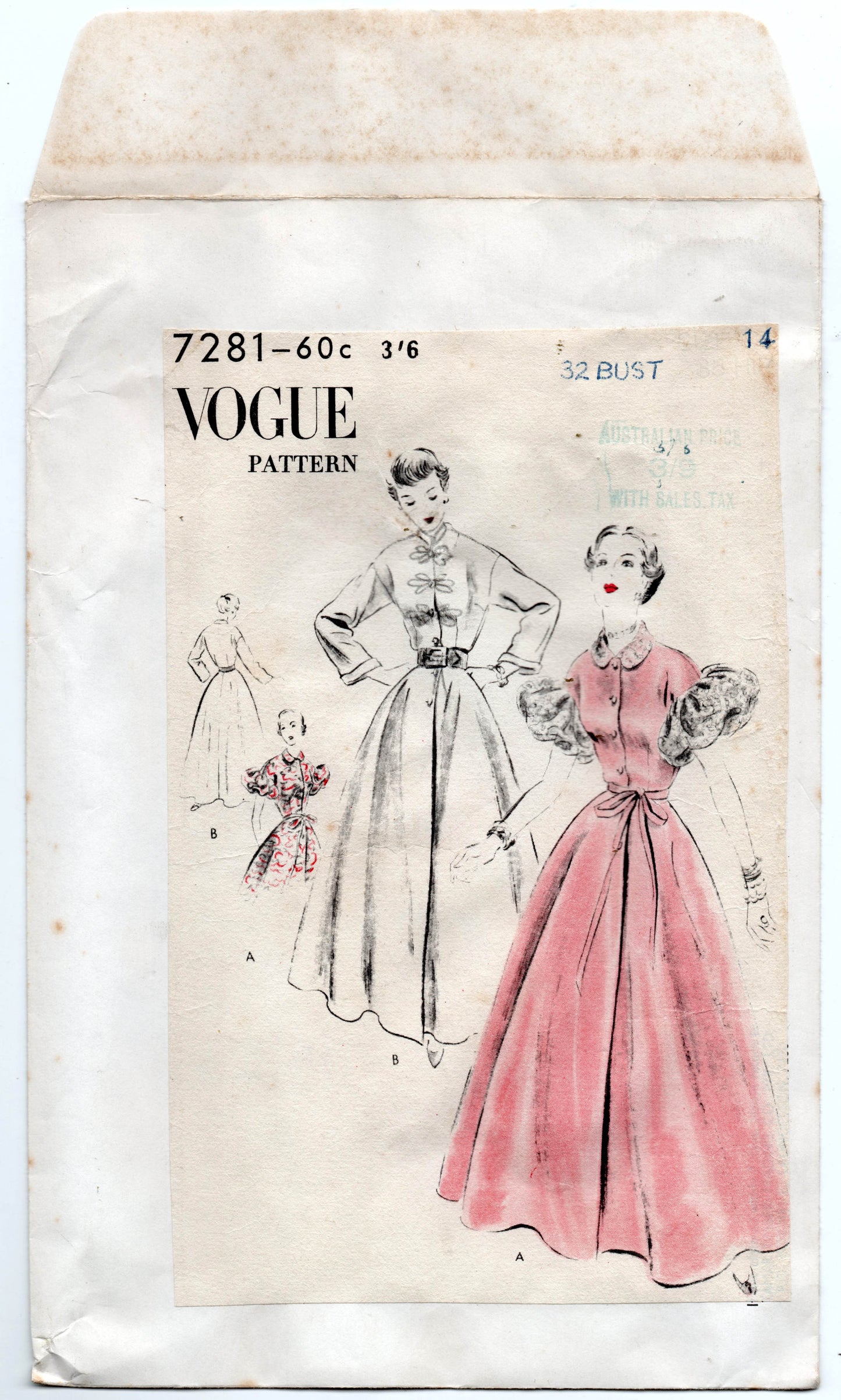 Vogue 7281 RARE Womens Puffy Sleeved Floor Length Lounging Coat 1950s Vintage Sewing Pattern Size 14 Bust 32 inches