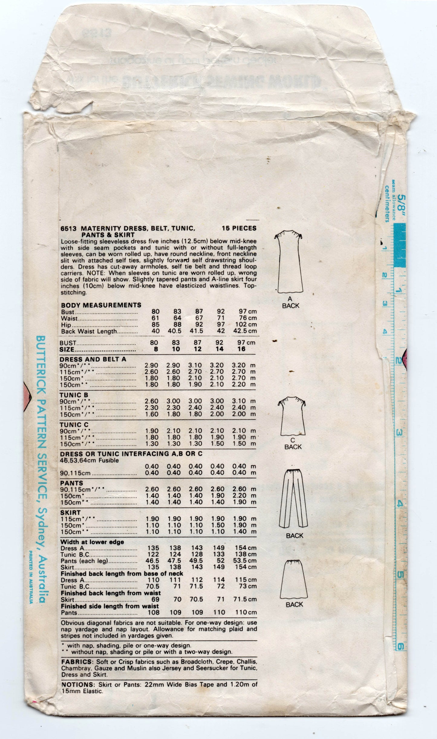 Butterick 6513 Womens Gathered Shoulder Maternity Dress Tunic Skirt Belt & Pants 1980s Vintage Sewing Pattern Size 12 UNCUT Factory Folded