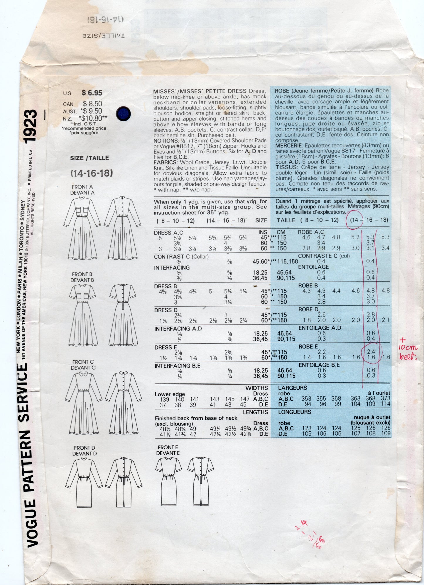 Vogue Basic Design 1923 Womens Blouson Bodice Dress 1980s Vintage Sewing Pattern Size 14 -18