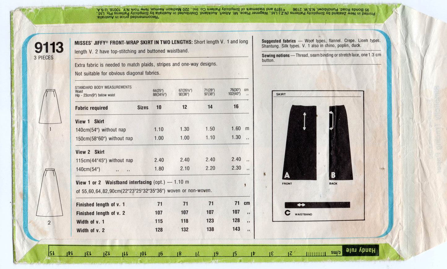 Simplicity 9113 JIFFY Womens Wrap Skirt 1970s Vintage Sewing Pattern Size 14 Waist 28 inches