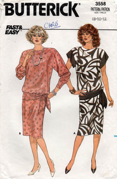 Butterick 3558 Womens Drop Waisted Top & Skirt 1980s Vintage Sewing Pattern Size 8 - 12