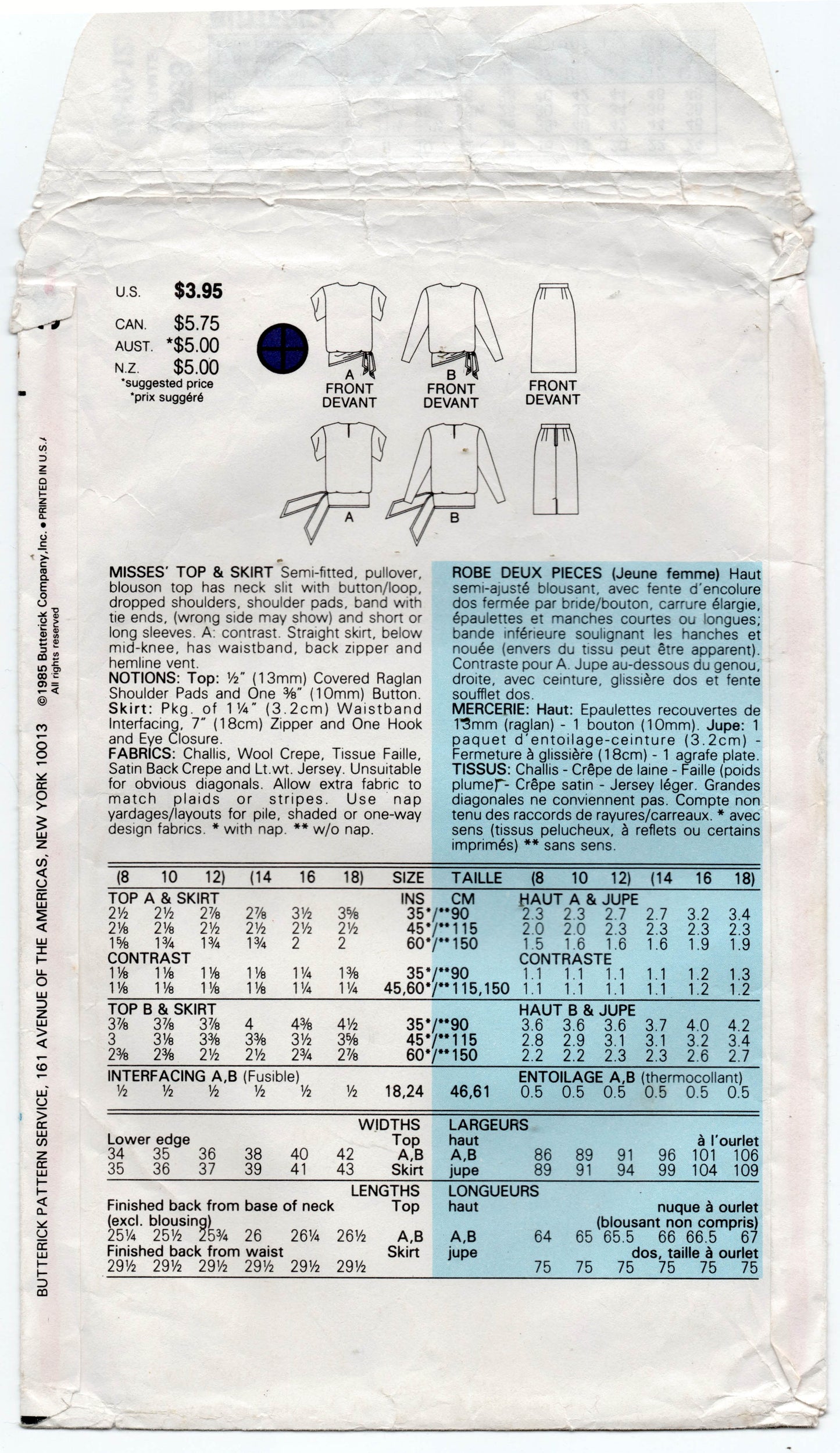 Butterick 3558 Womens Drop Waisted Top & Skirt 1980s Vintage Sewing Pattern Size 8 - 12