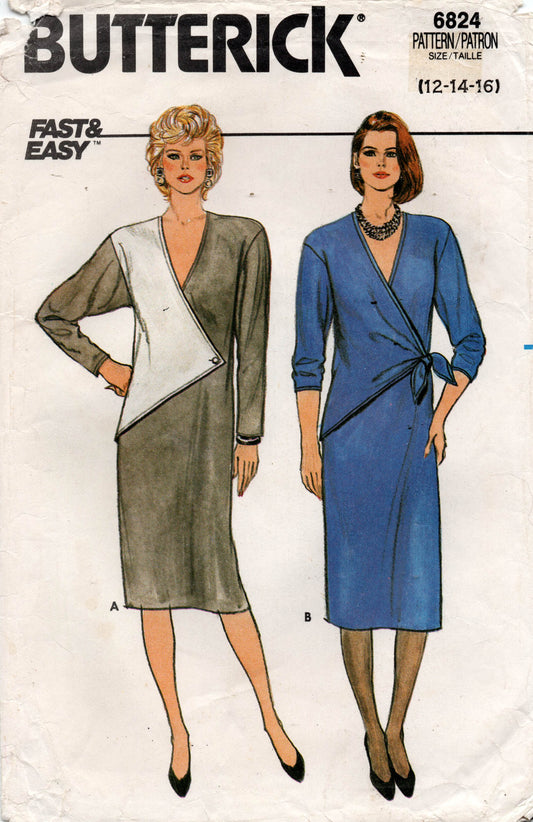 Patrón de costura Butterick 6824 para vestido asimétrico de bloques de color recto fácil para mujer, estilo vintage de los años 80, talla 12 a 16