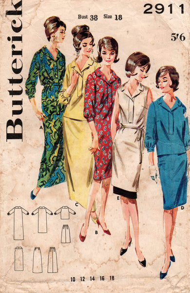 Butterick 2911 Womens Placket Front Shift Dress Blouse & Skirt 1960s Vintage Sewing Pattern Size 18 Bust 38 inches