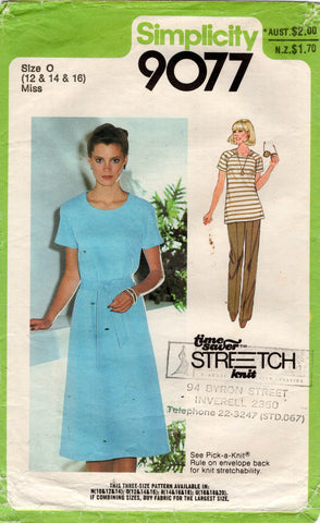 Simplicity 9077 Womens EASY Raglan Sleeved Stretch Dress Tunic & Pants 1970s Vintage Sewing Pattern Size 12 - 16