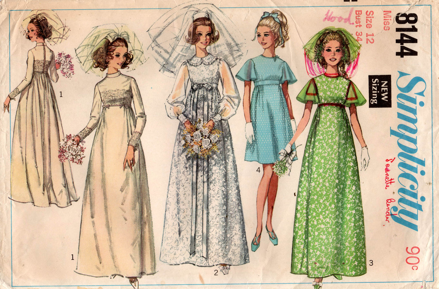 Simplicity 8144 Womens Empire Waisted Wedding or Bridesmaids Dresses 1960s Vintage Sewing Pattern Size 12 Bust 34 inches UNCUT Factory Folded