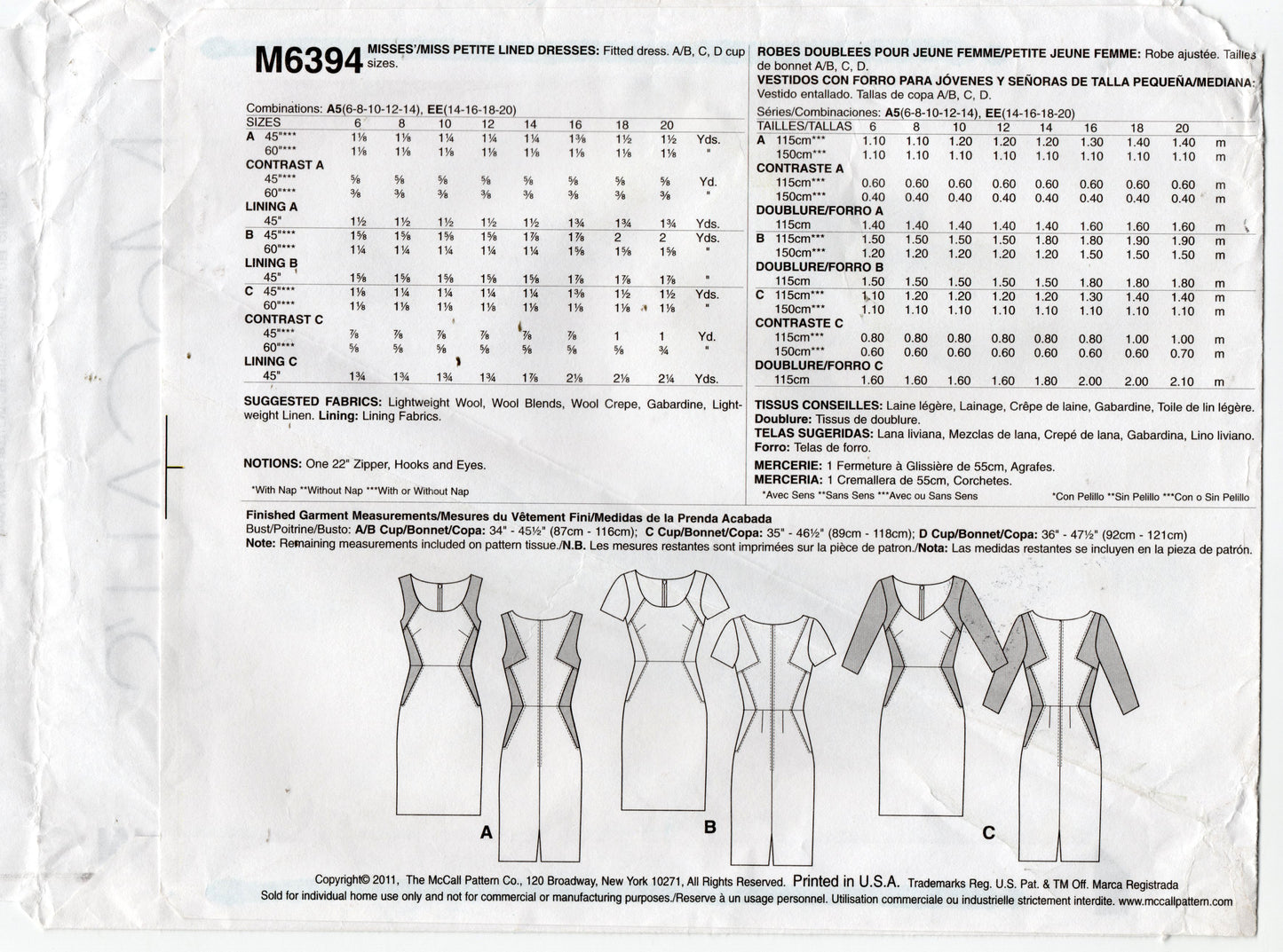 McCall's M6394 Womens Lined Panelled Color Block Sheath Dress Out Of Print Sewing Pattern Sizes 6 - 14 UNCUT Factory Folded