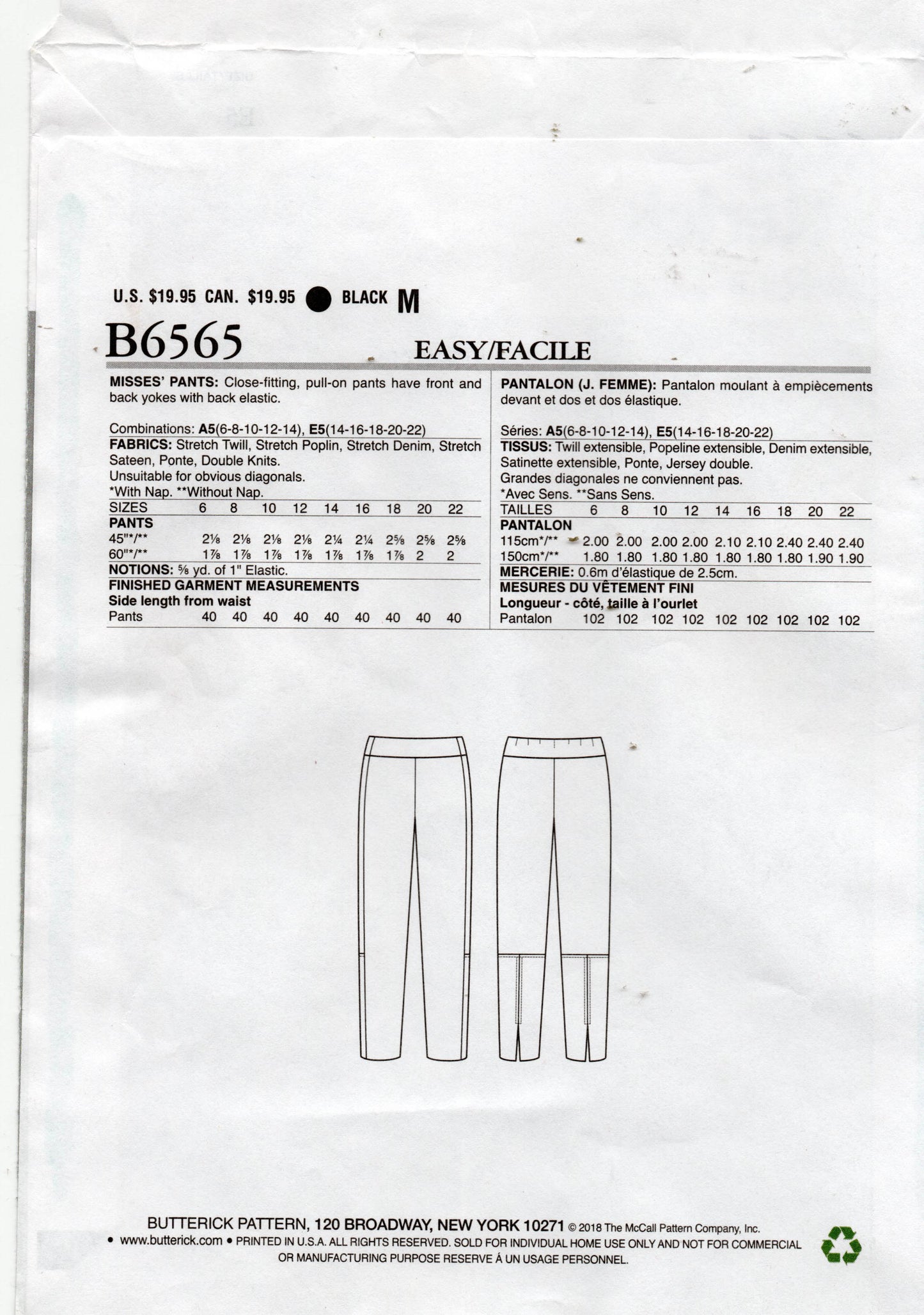 Patrón de costura para pantalones elásticos para mujer Butterick B6565 Katherine Tilton, tallas 14 a 22, sin cortar, doblado de fábrica