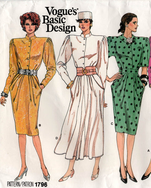 Vogue Basic Design 1796 Womens Big Sleeved Dress with Pockets 1980s Vintage Sewing Pattern Size 12 Bust 34 inches