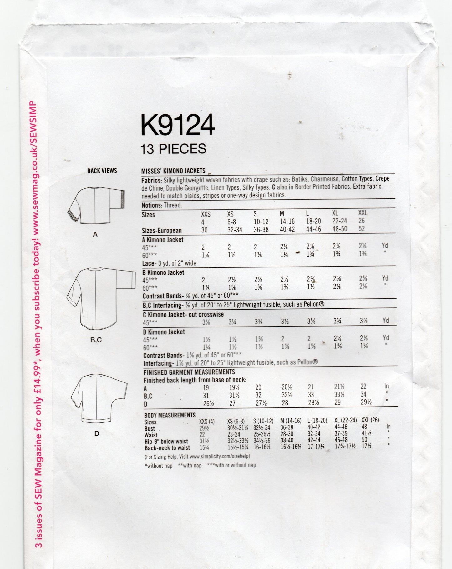 Simplicity 9124 Womens EASY Loose Fitting Kimono Jacket Sewing Pattern Size XXS - XXL UNCUT Factory Folded