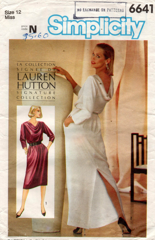 Patrón de costura vintage de los años 80 para vestido de cuello vuelto para mujer Simplicity 6641 LAUREN HUTTON, talla 12, busto 34 pulgadas