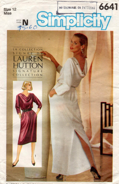 Simplicity 6641 LAUREN HUTTON Womens Cowl Neck Dress 1980s Vintage Sewing Pattern Size 12 Bust 34 Inches