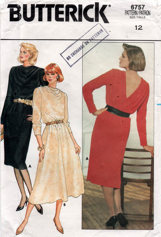 Patrón de costura vintage de los años 80 para vestido con cuello vuelto y espalda drapeada Butterick 6757, talla 12, sin cortar, doblado de fábrica