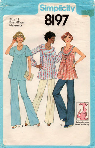 Simplicity 5756 Womens Retro Maternity Smock Top & Pants with Bonus Kangaroo Toy 1970s Vintage Sewing Pattern Size 12 Bust 34 inches