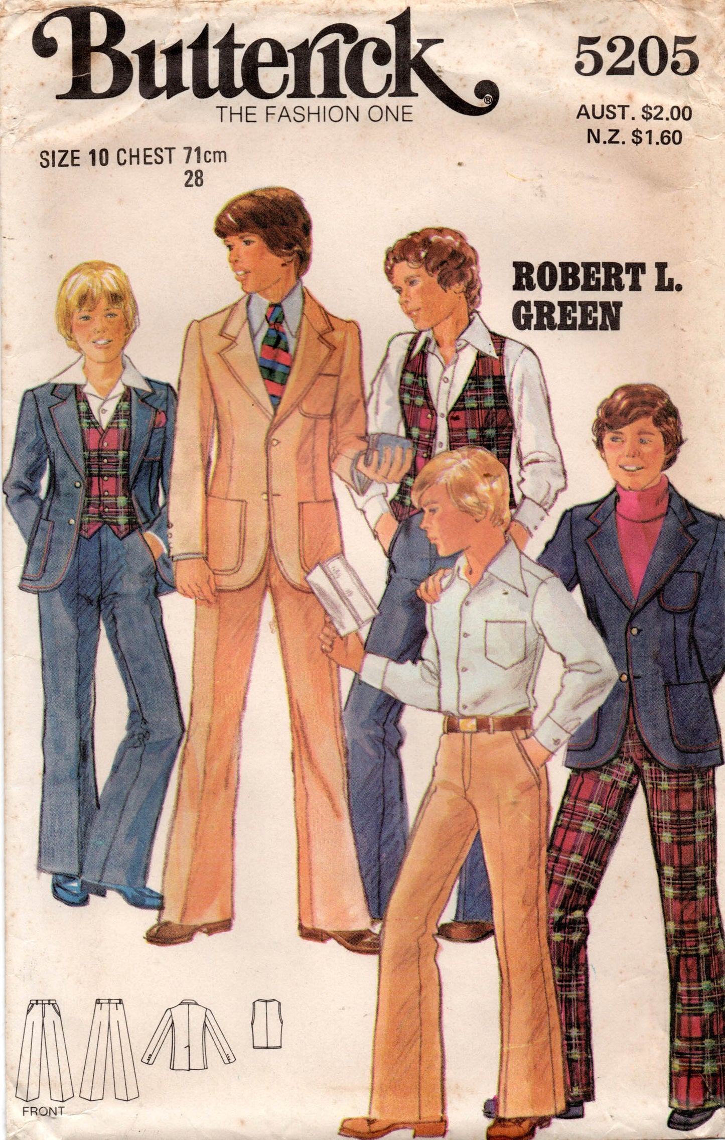 Butterick 5205 ROBERT L GREEN Retro Boys 3 Piece Suit with Wide Lapels 1970s Vintage Sewing Pattern MED Size 8 or 10