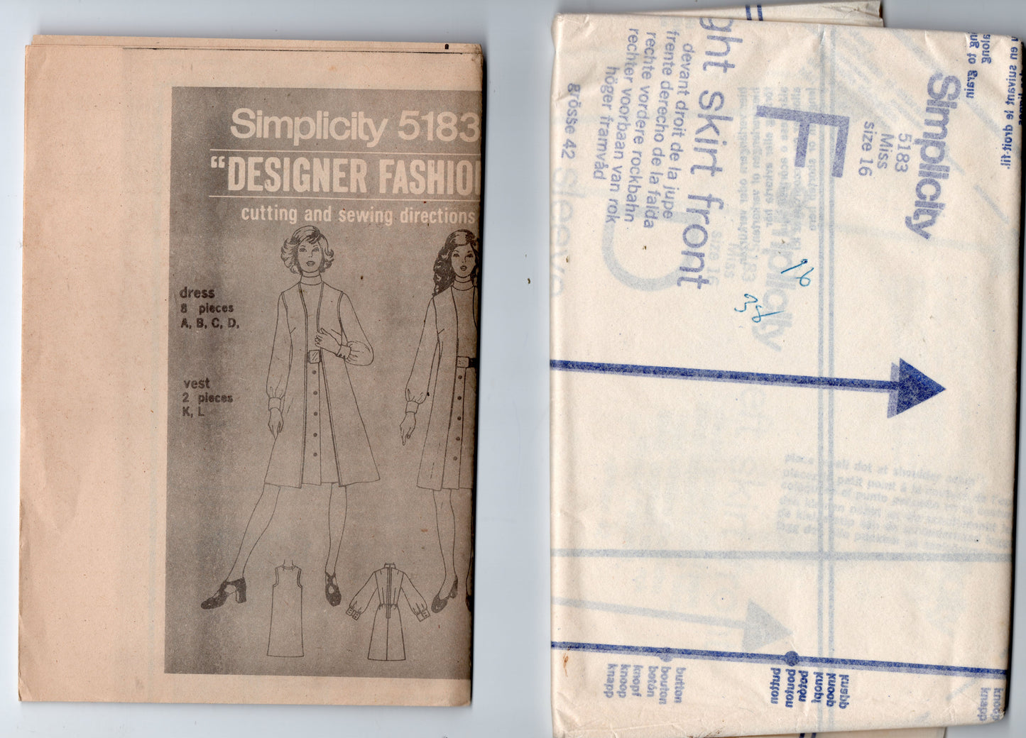 Simplicity 5183 Designer Womens Dress & Vest 1970s Vintage Sewing Pattern Size 14 or 16 UNCUT Factory Folded NO ENVELOPE