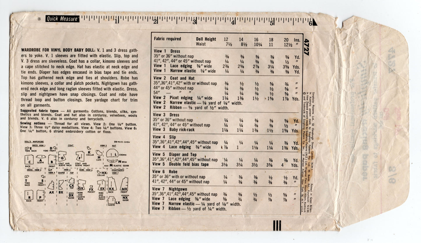 Patrón de costura vintage de los años 60 Simplicity 4727 para guardarropa retro de muñecas de 14 pulgadas